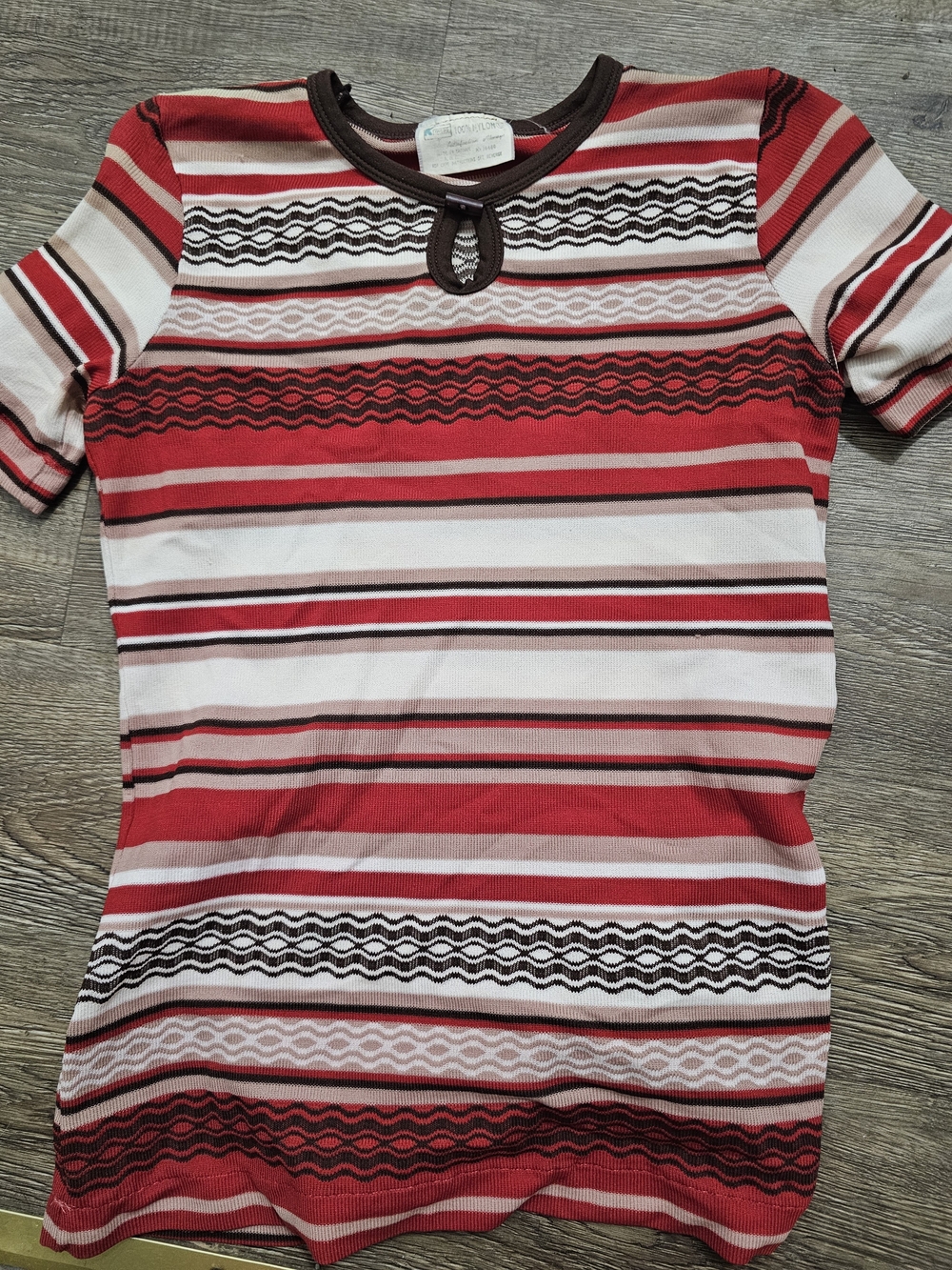 Vintage 70s Red & Cream Striped Short Sleeve Tee with Brown Trim